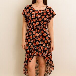 Tropical Floral Black and Red High Low Dress